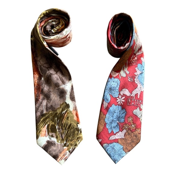 Lot 2X Girun Hand Made Pure 100% Silk Ties Floral Lush Red Blue Brown - Picture 1 of 6